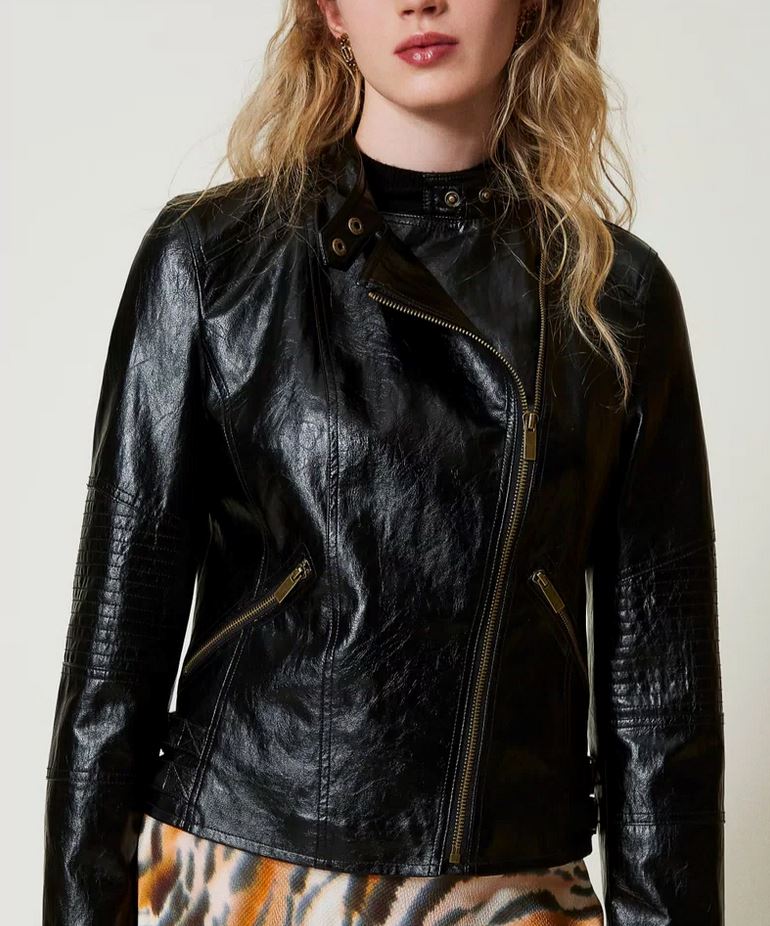 Schwarze Bikerjacke aus Lederimitat Mäntel & Jacken TWINSET 