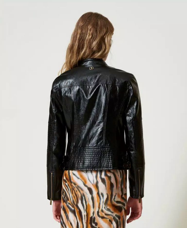 Schwarze Bikerjacke aus Lederimitat Mäntel & Jacken TWINSET 